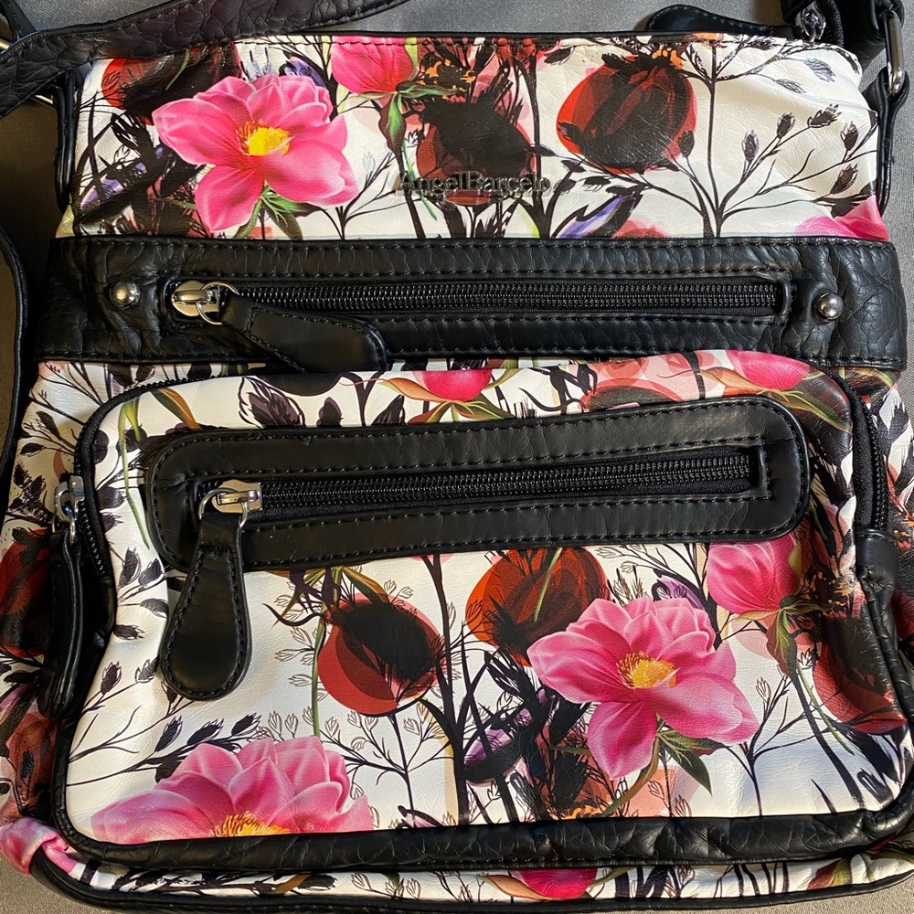 Angel Barcelo Crossbody multi pocket multicolor floral design purse